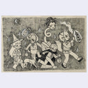 Pencil illustration on cream toned paper of several characters dressed for Halloween, half in traditional American costumes: a witch and a vampire, and half in Japanese yokai costumes: tanuki, kitsune and Rokurokubi