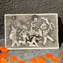 Pencil illustration on cream toned paper of several characters dressed for Halloween, half in traditional American costumes: a witch and a vampire, and half in Japanese yokai costumes: tanuki, kitsune and Rokurokubi