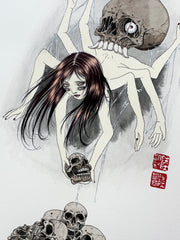 Ink and watercolor illustration of a girl with a body like a spider, being lowered to the ground by a skull. She reaches down towards a pile of skulls on the ground. Detail image to show her 2 sets of eyes.