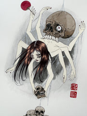 Ink and watercolor illustration of a girl with a body like a spider, being lowered to the ground by a skull. She reaches down towards a pile of skulls on the ground.