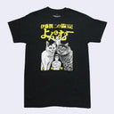 Black shirt with a graphic of 2 manga style cats with a smaller man standing in between them and an excited person overhead. Text is yellow Kanji.