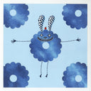 Painting of dark blue sky colored flowers with a bunny character at the center, with its body as one of the flowers.