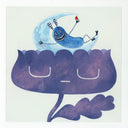 Painting of a purple sky colored tulip flower with a closed eye expression. Sitting atop of it is a bunny character on a crescent moon.