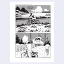 A black and white manga-style comic. The top panel shows a person riding a bicycle near a lake, and the bottom panel shows the same person standing by a bicycle beside a train and another figure with an umbrella.