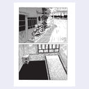 Black and white manga-style panels: the top panel shows an exterior street scene with a house, flowers, and a walkway, and the bottom panel shows an interior room with a bed and window. The print is centered on a light gray background.