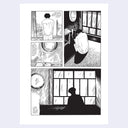 A black and white manga-style comic book page featuring 4 panels with a person standing by a window, sitting in a room, and a silhouette in front of window panes, with Japanese text throughout.