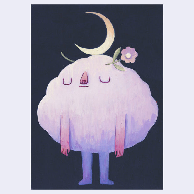 Illustration of a cloud-like character with a crescent moon and flower on a dark background