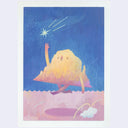 Illustration of a cloud-like character reaching for a star in a blue sky with a pink ground.