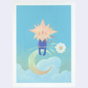 Illustration of a sun character sitting on a crescent moon with a flower, against a blue sky.