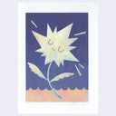 Illustration of a star as a flower, on a stem with leaves that make it look like its wings. Background is dark purple and orange.