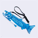 Blue fish-shaped bag with 'YOUTH' branding and a thin, black crossbody strap.