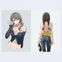 Illustration of an anime style character with different outfits on a light gray background