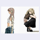 Two animated characters with distinct hairstyles and outfits on a white background