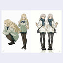 Two illustrations of a girl in different poses with a white background