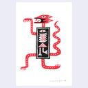 Illustration of a red snake character with legs, and a square votive body