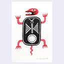 Art piece with red, black, and white design of a folk-lore style turtle on a light purple background