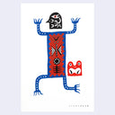 Colorful abstract creature with blue, red, and black design on a white background