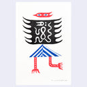 Abstract artwork with black, red, and blue design on a white background