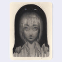 Graphite illustration of a girl looking at the viewer, with a large black spirit like monster looming behind her.