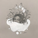Artistic illustration of a woman's face surrounded by flowers submerged in a white goo, on beige gray paper.