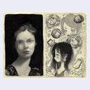 2 graphite sketches on one paper. One side is a softly rendered portrait of a woman with tied back hair. 2nd page is of cartoon style doodles including girls and flowers.
