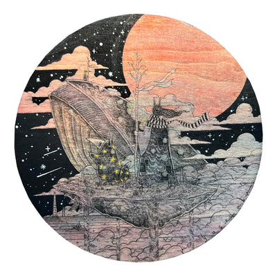 Painting on circular panel of a mound of floating sand, against a starry black sky and over a flat desert. Atop the mound stands a person in a cloak and a small character with a plague mask. They look towards a large whale, only it's head visible. A large pinkish moon is overhead.