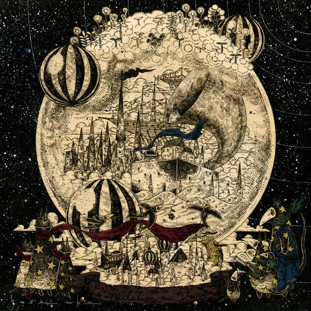 Finely hatched ink illustration on exposed wooden panel of a sphere, containing a world with pointed buildings, a large sailboat, and a giant horn. A camel sits in the center atop a square building. Below the sphere, like a snow globe base, is a small town on clouds. Characters stand on the side of the base and look in. Background is black with white galactic dots.