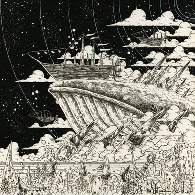 Black ink illustration on exposed off white panel. A large whale emerges out of the ground, with a boat resting atop its head. On the ground is an abandoned city covered in moss and mostly buried. Sky is dark and starry with concentric circles.