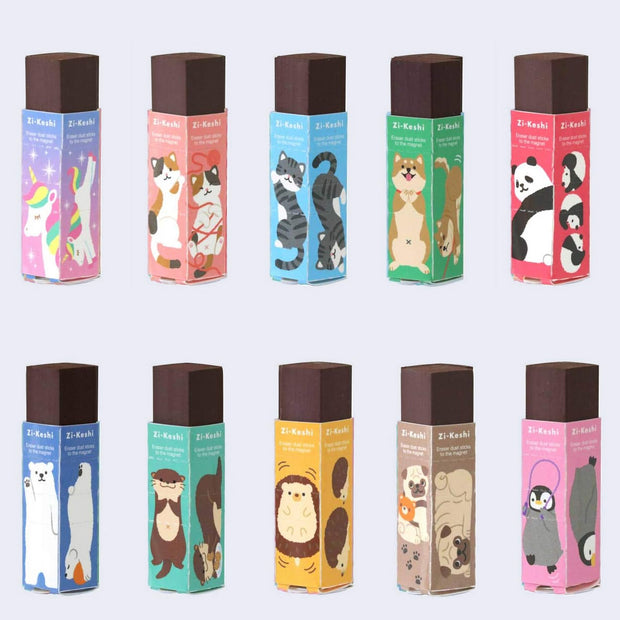 Set of 10 rectangular black erasers, each with their own sleeve design featuring a cute animal and a different colored sleeve. Options are: unicorn, calico cat, gray tabby cat, shiba inu, panda, polar bear, otter, hedgehog, pug, and penguin.