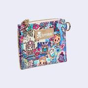 Small square-shaped wallet, with gold zip top and a mint blue name plate that reads "tokidoki". Wallet is covered completely in a busy colorful pattern featuring tokidoki characters with with galactic and sci fi imagery.