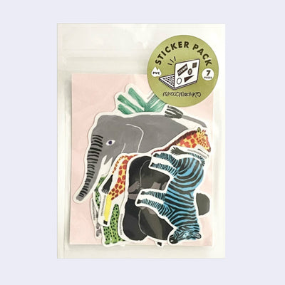 Sticker pack containing 7 artistic illustrated stickers of animals found in a safari setting, such as zebra, giraffe, elephant, etc.