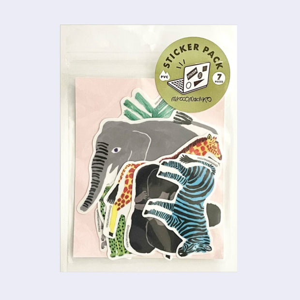 Sticker pack containing 7 artistic illustrated stickers of animals found in a safari setting, such as zebra, giraffe, elephant, etc.
