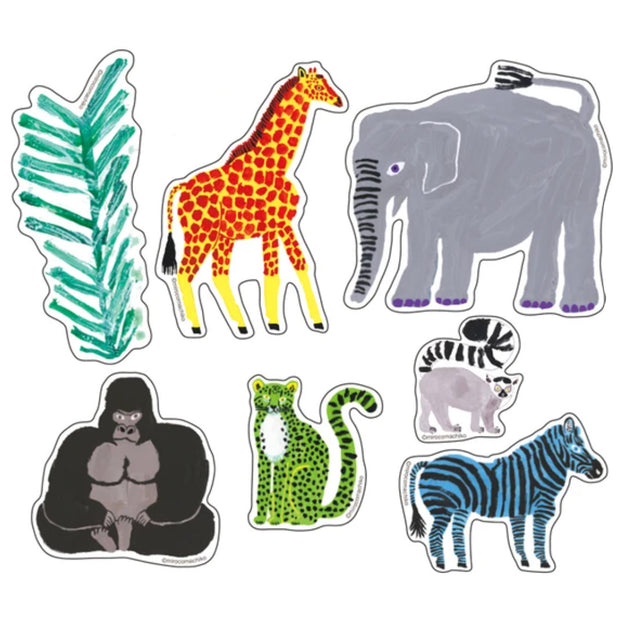 7 artistic illustrated stickers of animals found in a safari setting, such as zebra, giraffe, elephant, cheetah, lemur, gorilla and a palm plant.