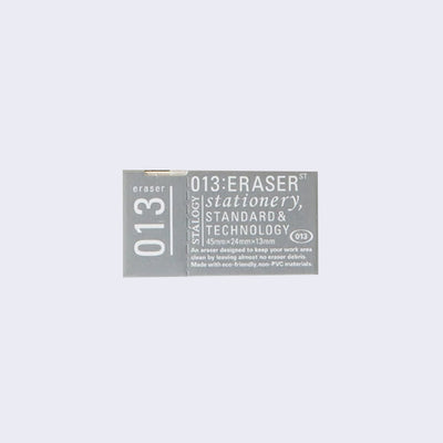 Small rectangle shaped gray cardboard packaging that says "013 Eraser Stationery, Standard & Technology" with further specs that can be read in product description.