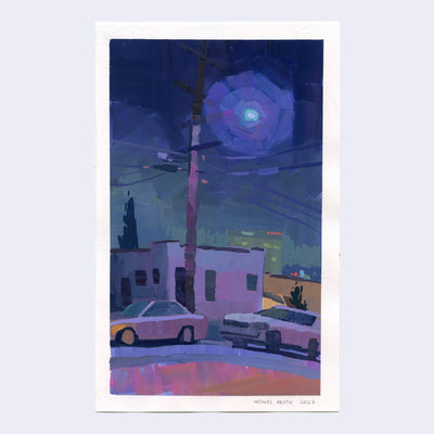 Plein air painting of a urban street scene at night, illuminated by a blue street lamp.