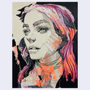 Drawing of a woman with green eyes, visible from the neck up, looking off to the left with purple and orange hair.