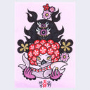 Marker illustration on pink paper of a masked woman monster holding a fish in her hands, with a black ghost floating out of her head.