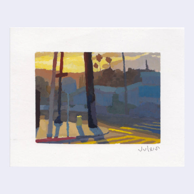 Plein air painting of an empty street at sunrise, with yellow light illuminating lamp poles, telephone poles and stop signs and casting drastic shadows.