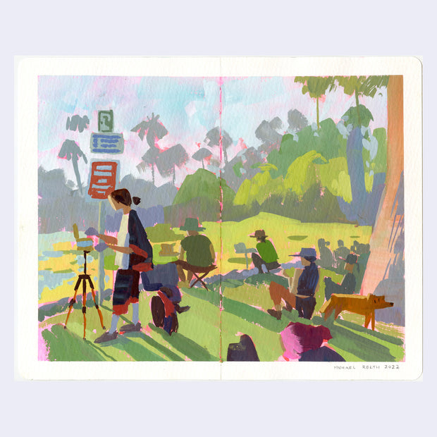 Plein air painting of a group of painters standing and sitting outside, with easels and stools and painting a lush green landscape.