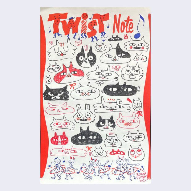 Doodles of many differently colored and shaped cat heads with red and black ink. It's on a slip of paper that reads "Twist Note"
