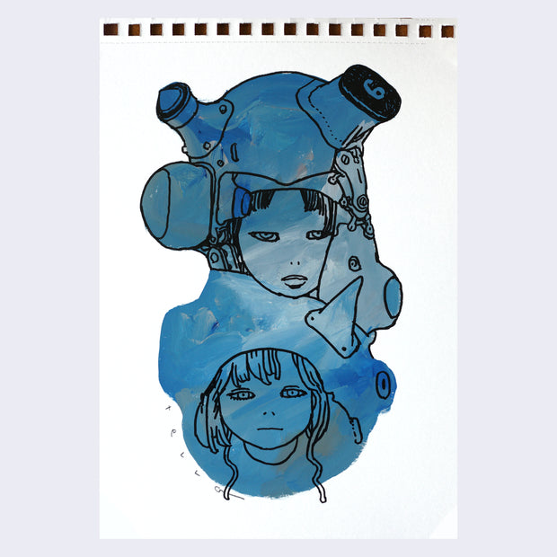 Black line art illustration of two women, seen only neck up with one's head atop the others. They both wear sci fi like chunky metal helmets with stoic facial expressions. Drawing is filled in with blue paint with visible brush strokes.