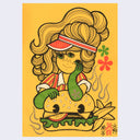 Marker drawing of a 3 eyed girl dressed as a fast food employee with green arms. She smiles and rests her elbows on a burger with eyes.