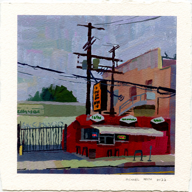 Plein air painting of burrito stand, red with various signage on and above it.