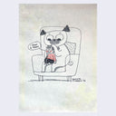 Doodle of a large pug sitting in an armchair petting a small human that sits in their lap, saying "I Want a treat"