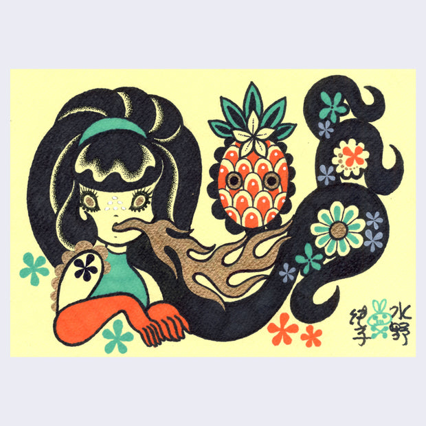 Marker illustration of a girl with long black hair, with gold flames coming out of her mouth with a pineapple nearby.