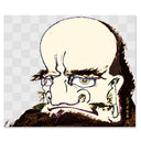 Illustration of a caricatured Buddha head, with a large round forehead and stark facial features. Only his face appear, wrapped in a dark brown beard. Background is light gray checkered pattern. 