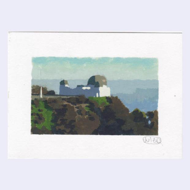 Plein air painting of the Griffith Observatory, viewed from afar with brown and green brush and trees under the hill.