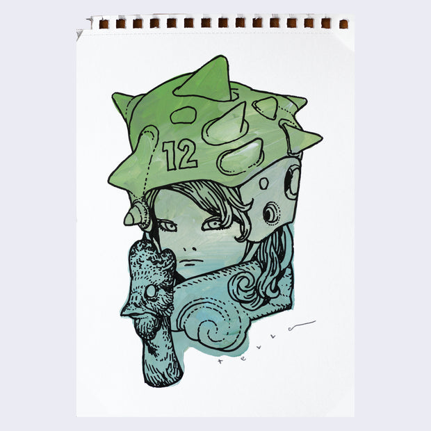 Black line art illustration of a girl visible from only the neck up. She wears a metal helmet with random spikes and the number 12 on it, In front of her is the head of a rooster, looking off to the side. Drawing is filled in with bluish green paint with visible brush strokes.