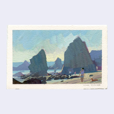 Plein air painting of El Matador beach, with large rock formations and mid day sunlight casting shadows and a yellow glow over the rocks.