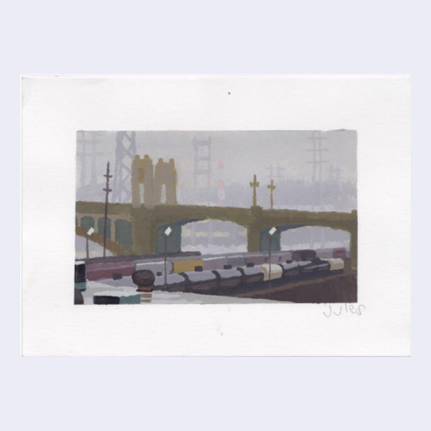 Plein air painting of a tall cement bridge for cars, with train cars carrying large colorful storage units under the bridge.